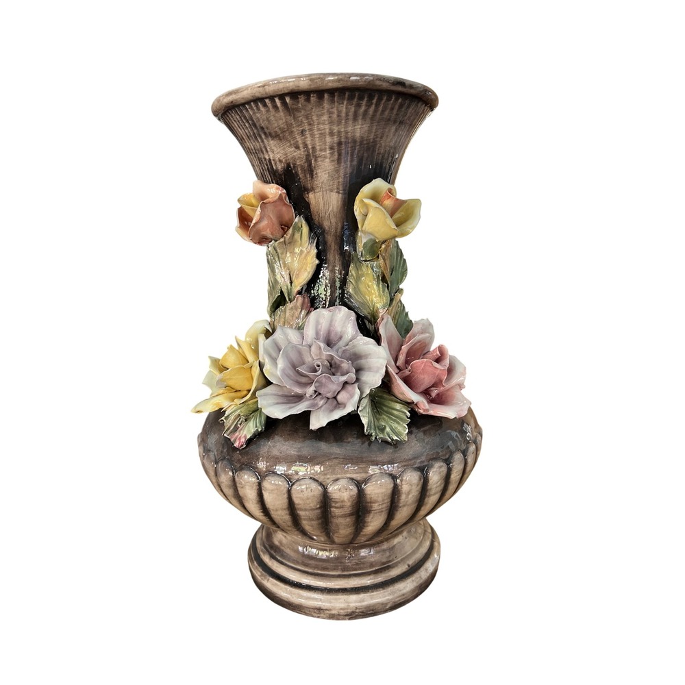 Bassano Italy Vintage Ceramic Floral Vase 3D Applied Roses Hand Painted 14.5"